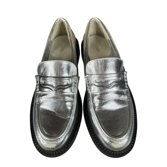 Zara Silver Metallic Loafers Platform Chunky Sole Faux Leather Shoes 37 6.5 - Picture 3 of 8